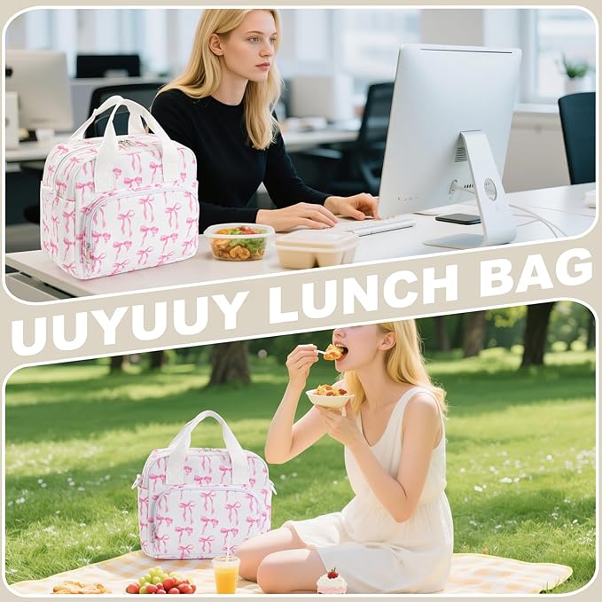Large Lunch Bag for Women Insulated Lunch Box Reusable Cooler Bag Portable Cute Corduroy Leakproof Tote Bags for Travel, Work, and Picnic, Ribbon Bow