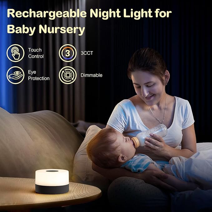 JUSHENG Nursery Night Light for Baby, Battery Powered LED Portable Light Dimmable Touch Night Light with 3CCT Function, Bedside Lamp for Breastfeeding, Newborn, Black, CG0025BK