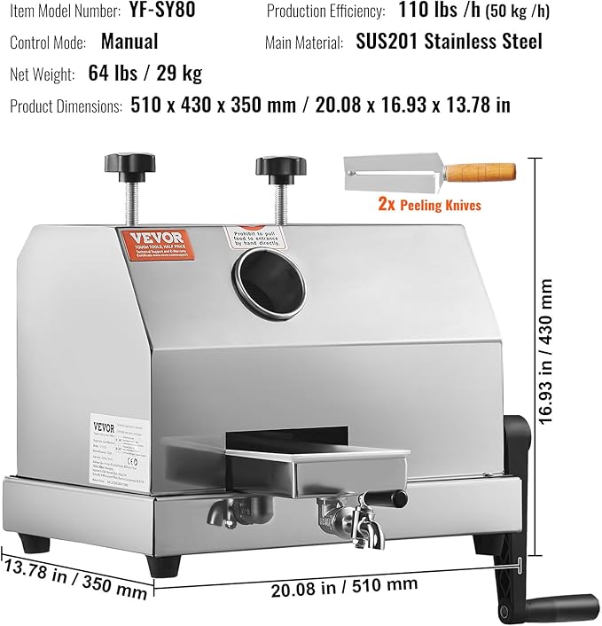 VEVOR Commercial Sugar Cane Juicer, 110LBS/H High Output Sugarcane Juicer Machine with 3 Stainless Steel Rollers, 2.4" Large Inlet, Manual Sugarcane Juice Extractor Squeezer for Home/Commercial Use