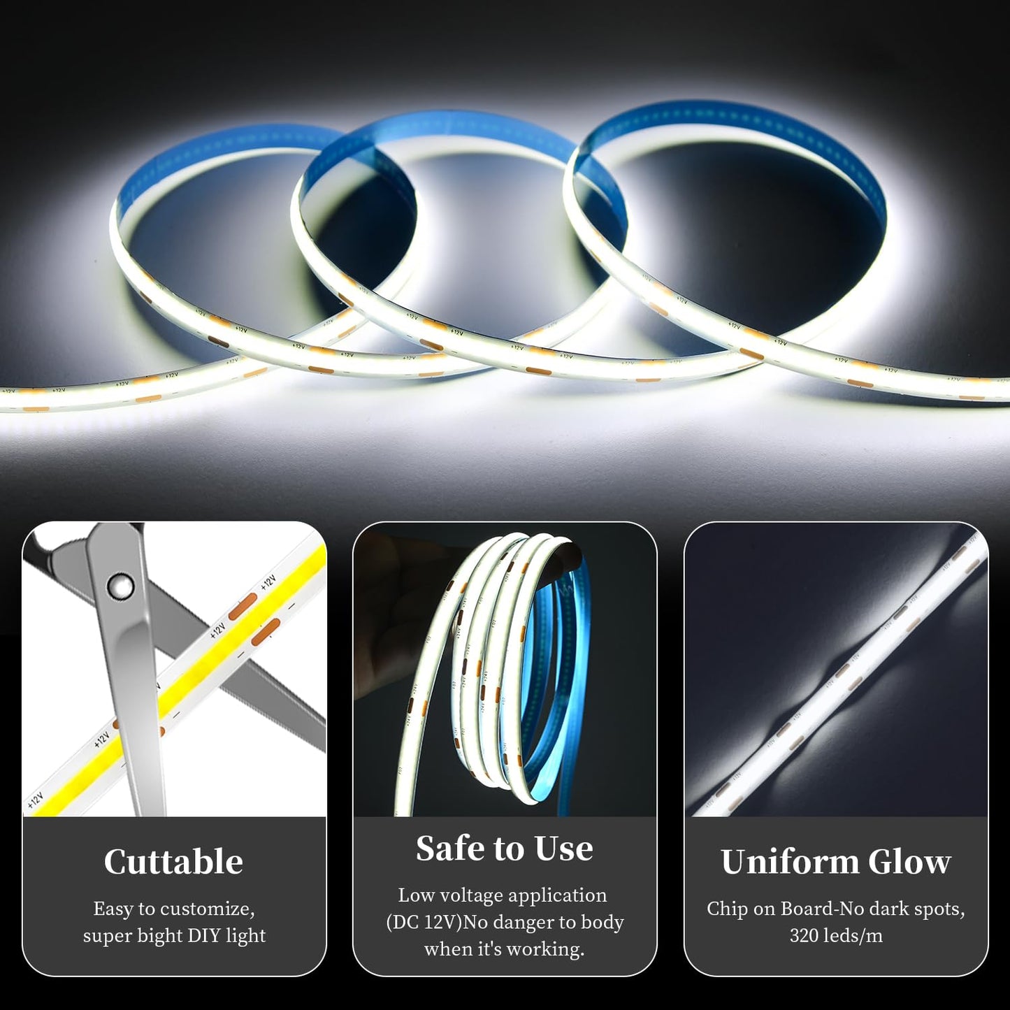 iNextStation 32.8ft/10M White COB LED Light Strip, DC24V CRI 93+ Strip Light, 6000K Color Temperature LED Lights, 8mm Width LED Tape Lights, Dimmable COB Strip Light for TV Backlight(with Plug)
