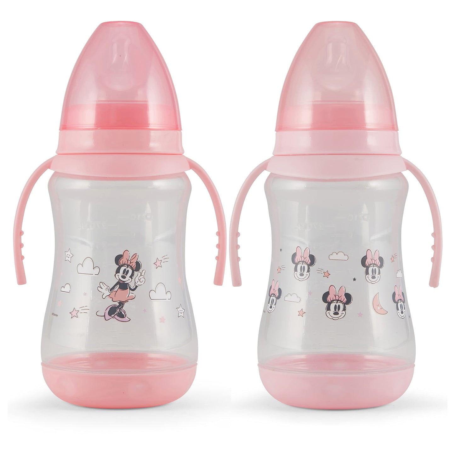 Disney 2 Pack 10 Ounce Baby Bottles with Character Prints and Colored Covers with Double Handle - BPA Free and Easy to Clean