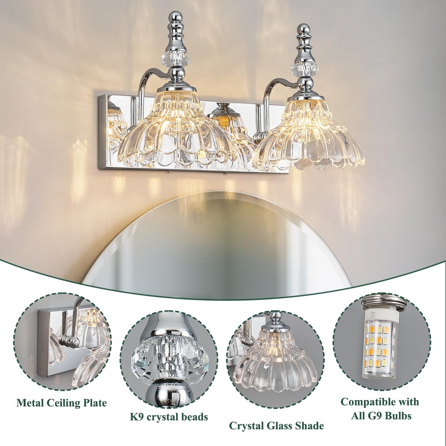 Lbsqj Vintage Bathroom Vanity Light  2-Light Chrome Vanity Lighting Fixture With Flower Glass Shade  Bathroom Lighting Fixtures Over Mirror