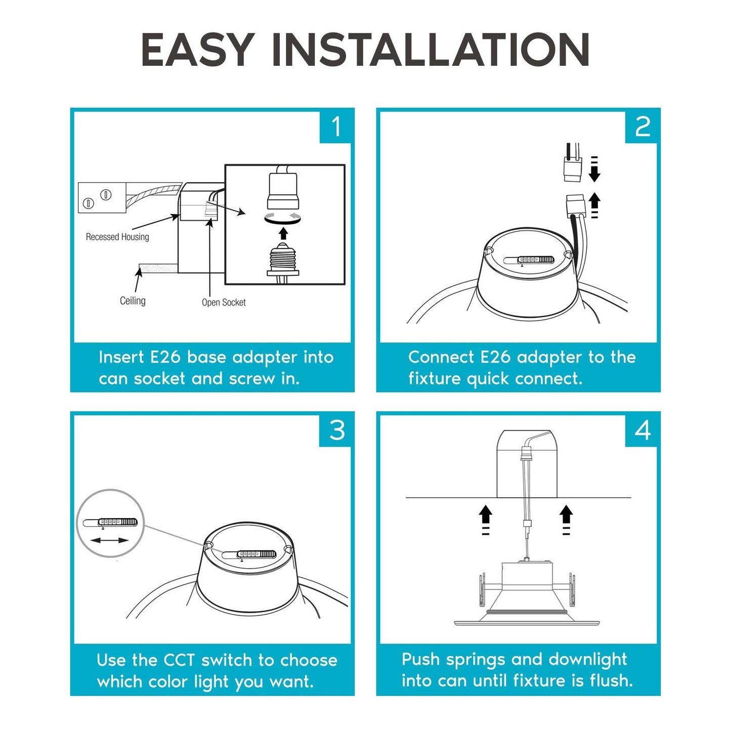 LUXRITE 5/6 Inch LED Recessed Retrofit Downlight, 14W=90W, CCT Color Selectable 2700K | 3000K | 3500K | 4000K | 5000K, Dimmable Can Light, 1100 Lumens, Wet Rated, Energy Star, Smooth Trim (4 Pack)