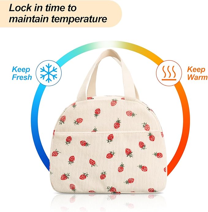 Lunch Box for Women,Cute Corduroy Lunch Tote Bag,Reusable Insulated Lunch Box,Large Capacity Cooler Bag with Compartments for Work, Picnics or Travelling