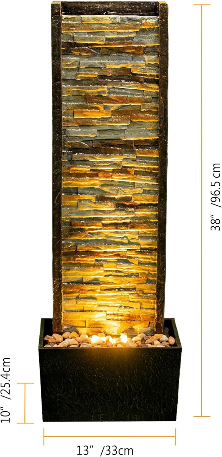Cheng Pin Indoor Water Fountain -Staggered Stone Design,Create a Relaxing Ambiance and Decor Your Living Room,Office,Bedroom Or Outdoor Garden with Waterfall Water Feature and LED Lights,38in. Tall