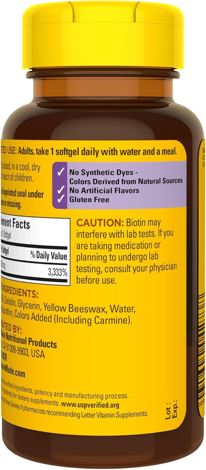Nature Made Biotin 1000 mcg, Dietary Supplement Supports Healthy Hair & Skin, 120 Softgels, 120 Day Supply