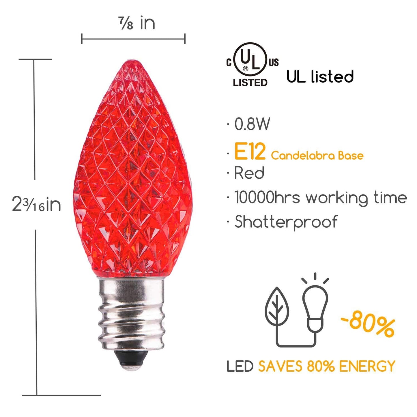 Brightown 100 Pack Red C7 Led Replacement Bulb For Christmas String Lights - Shatterproof E12 Candelabra Base Commercial Grade Bulbs For Patio  Roofline Lighting Decor