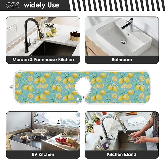 Kitchen Faucet Absorbent Mat,Lemon Fruit Summer Water Splash Guard for Sink, Faucet Drip Catcher Thicken Sponge Microfiber Faucet Water Catcher Mat Sink Absorbent Mat for Kitchen 23x5in 2 Pack