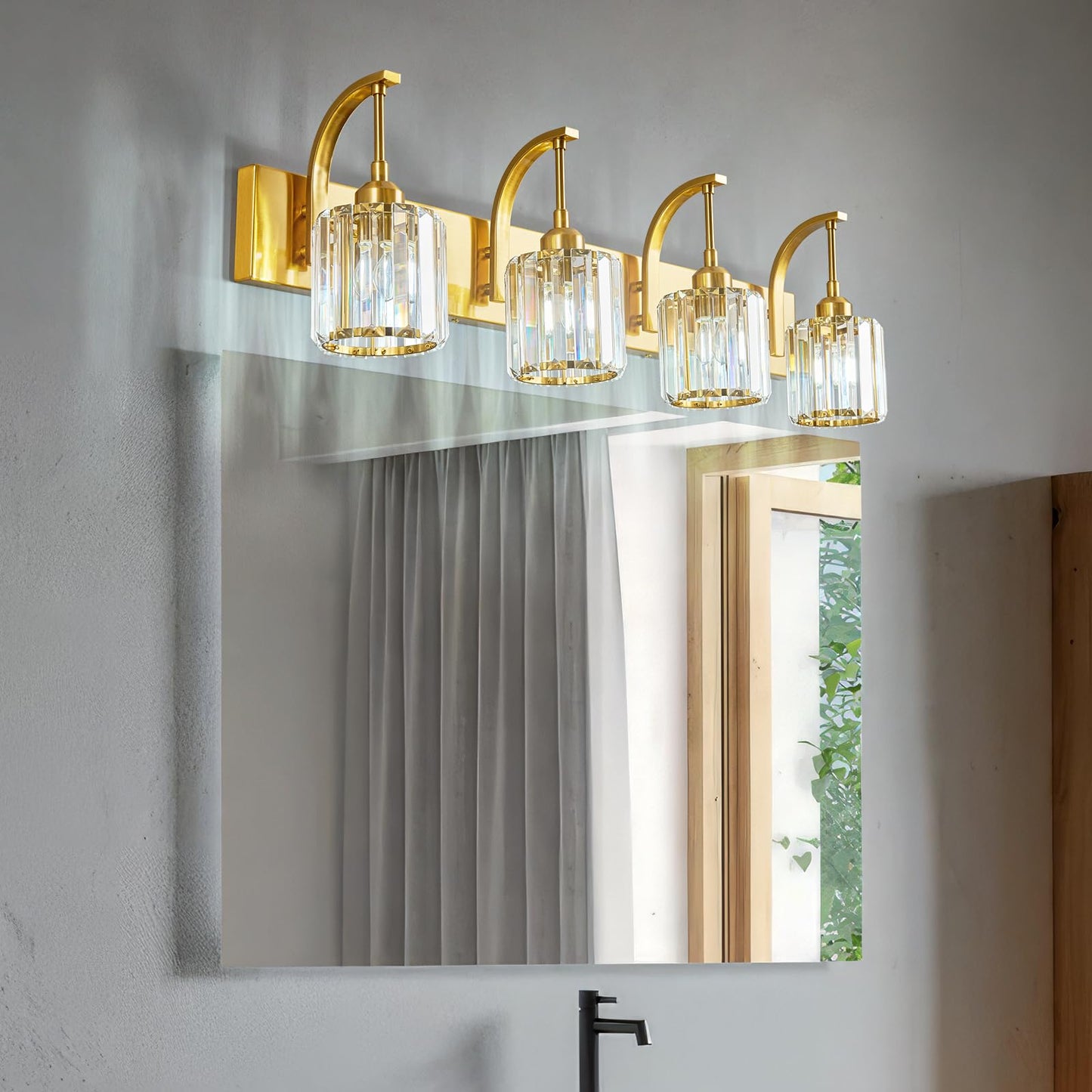 Fdpby 4-Light Crystal Vanity Light  Modern Gold Bathroom Wall Sconce With K9 Crystal Shades  32.67 Long Over Mirror Lighting For Vanity  Makeup  Hallway  Elegant & Easy Install