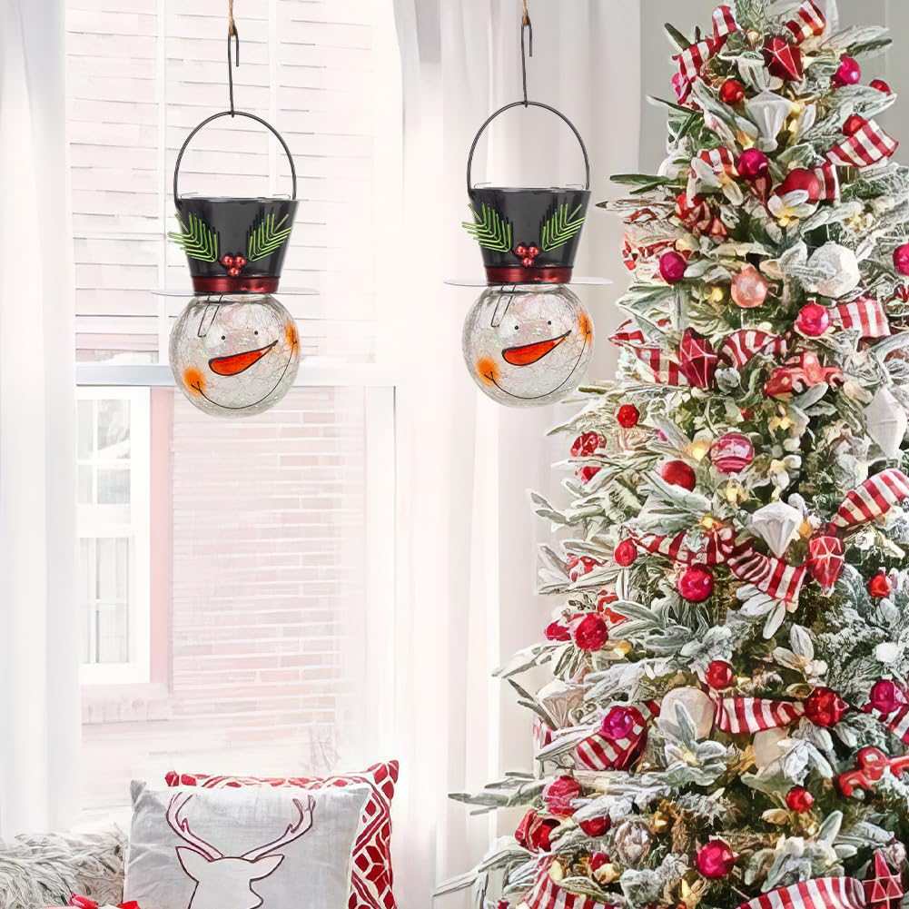 Starsoul 2 Pack Snowman Solar Lanterns  Christmas Outdoor Hanging Lantern Waterproof Decorative Snowman Lights Decor For Garden  Patio  Yard  Porch  Xmas Holiday Party Decor (Small Leaves)