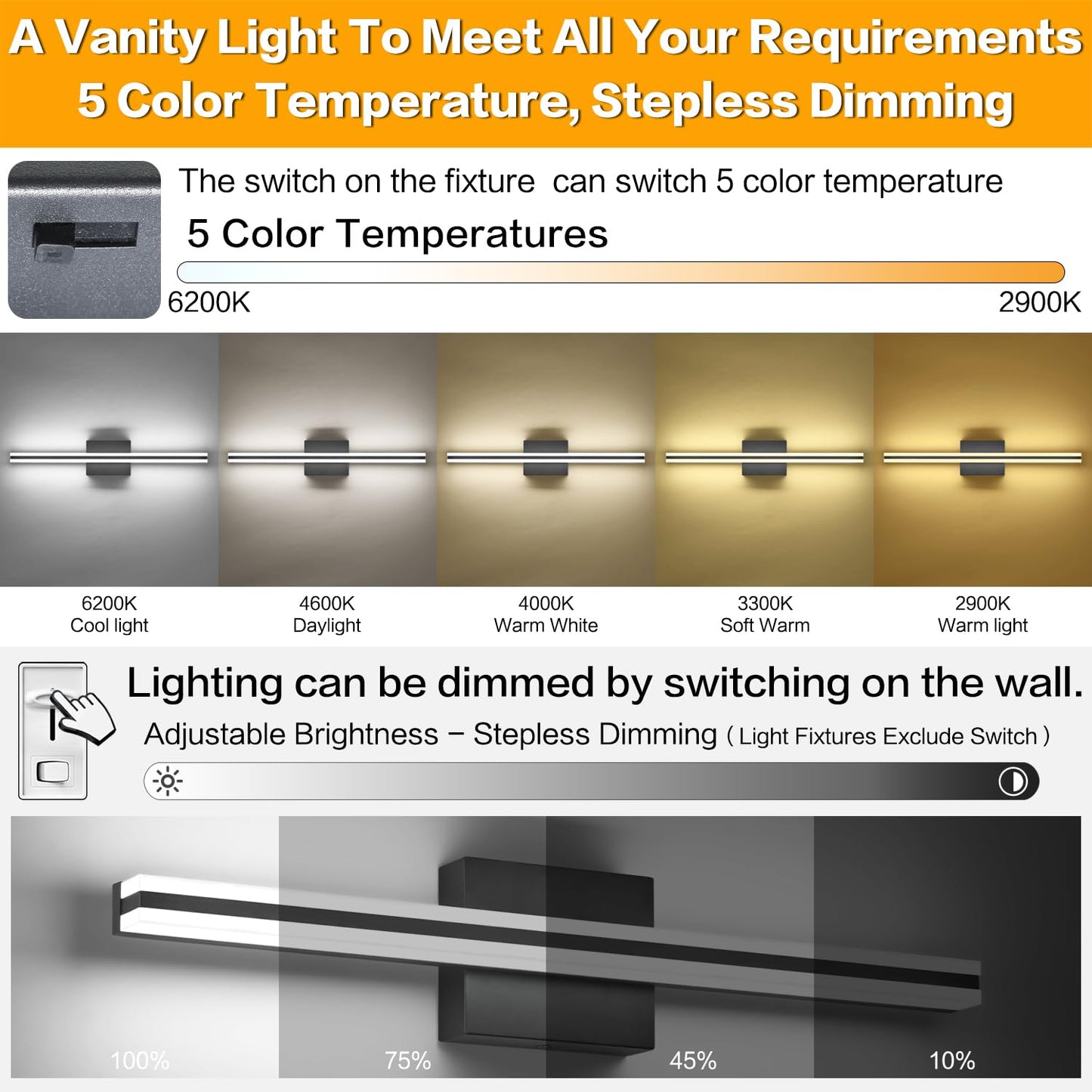 Solfart 24 Inch Modern Dimmable Black Vanity Light, 5 Color Temp, Aluminum, Model S8200-610Mm-Bk-5Cct, 500 Lumen, Wall