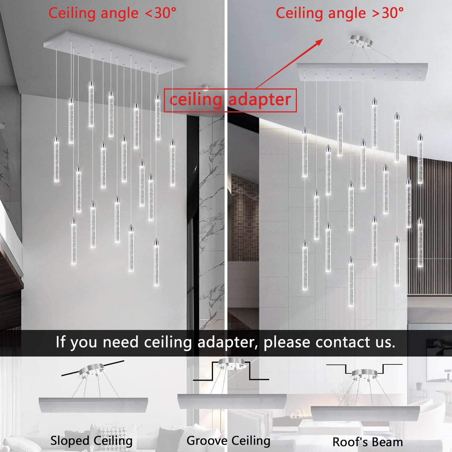Rectangular Chandeliers 17-Lights Long Light For Entryway Led Dimmable Chandeliers Lighting Fixture Flat Sloped High Ceiling Pendant Lights Crystal For Living Room Foyer Hallway Staircase Silver