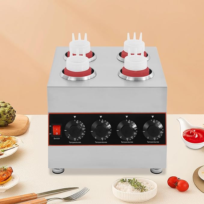 Electric Sauce Warmer Dispenser, Countertop Stainless Steel Sauce Heat Preservation Machine, Hot Fudge Nacho Cheese Ketchup Warmer for Commercial, with 650ml Squeeze Bottle*2