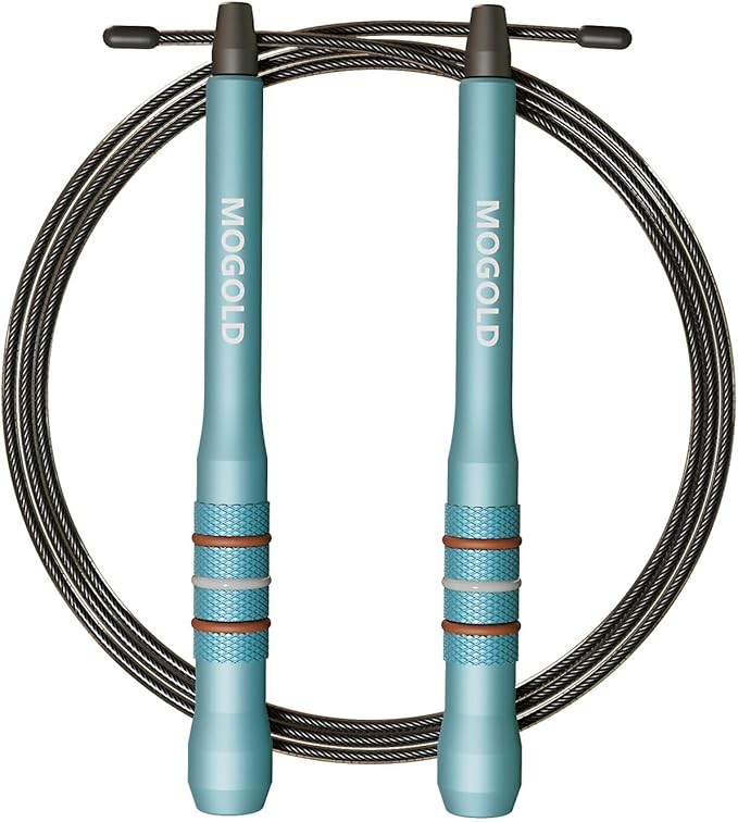 MOGOLD Speed Jump Rope, Turquoise Aluminum Alloy Handles with PVC Steel Wire, 17cm Handle, 118-Inch Adjustable Rope, 360-D...