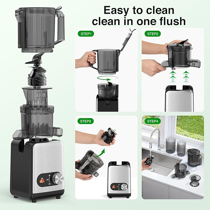 AGLUCKY Cold Press Juicer Machines, 4.35" Large Feed Chute Juice Extractor Self-Feeding Machine, High Juice Yield, Slow Masticating Juicer for Whole Vegetables & Fruits, Stainless Steel & Black
