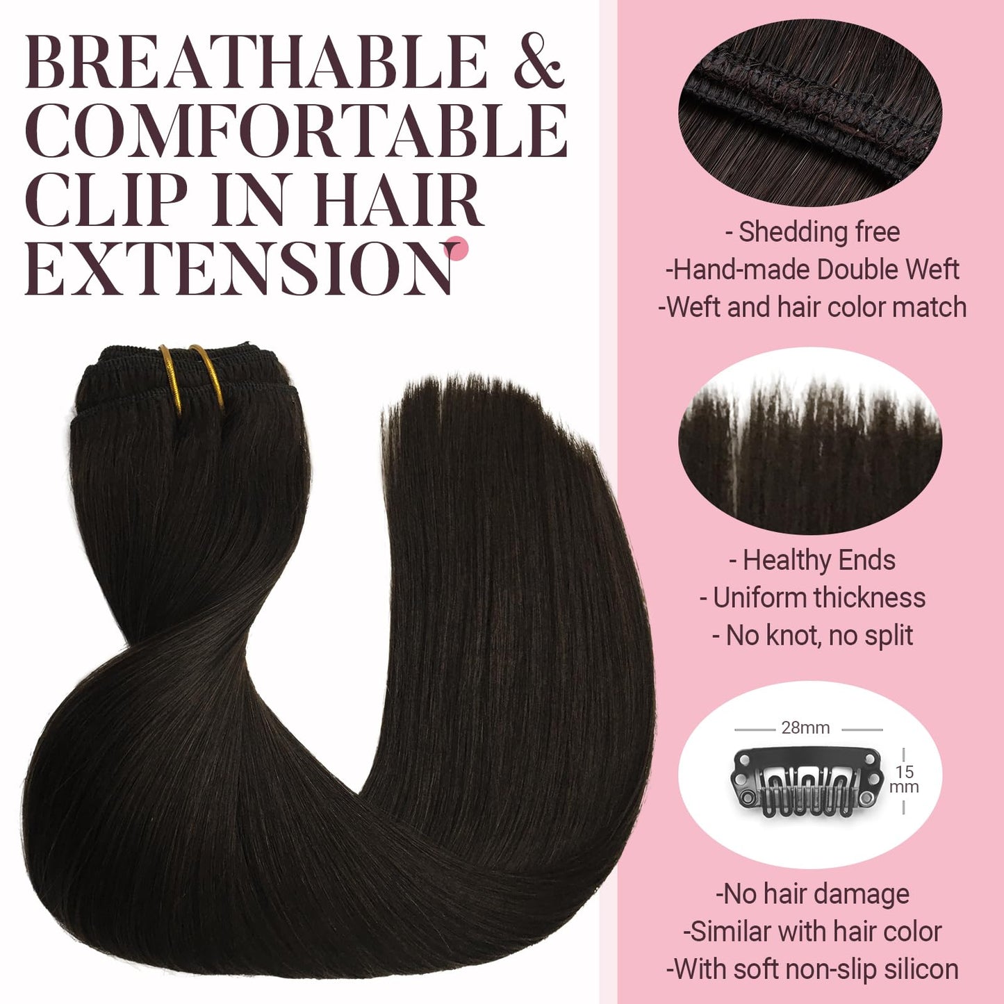 MAXITA Clip in Real Human Hair Extensions, 22 Inch 5pcs 80g Dark Brown Straight Hair Extensions
