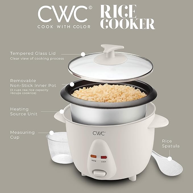 COOK WITH COLOR 6 Cup Rice Cooker 300W - Effortless Cooking and Perfectly, Cooks 3 Cups of Raw Rice for 6 Cups of Cooked Rice, Cream