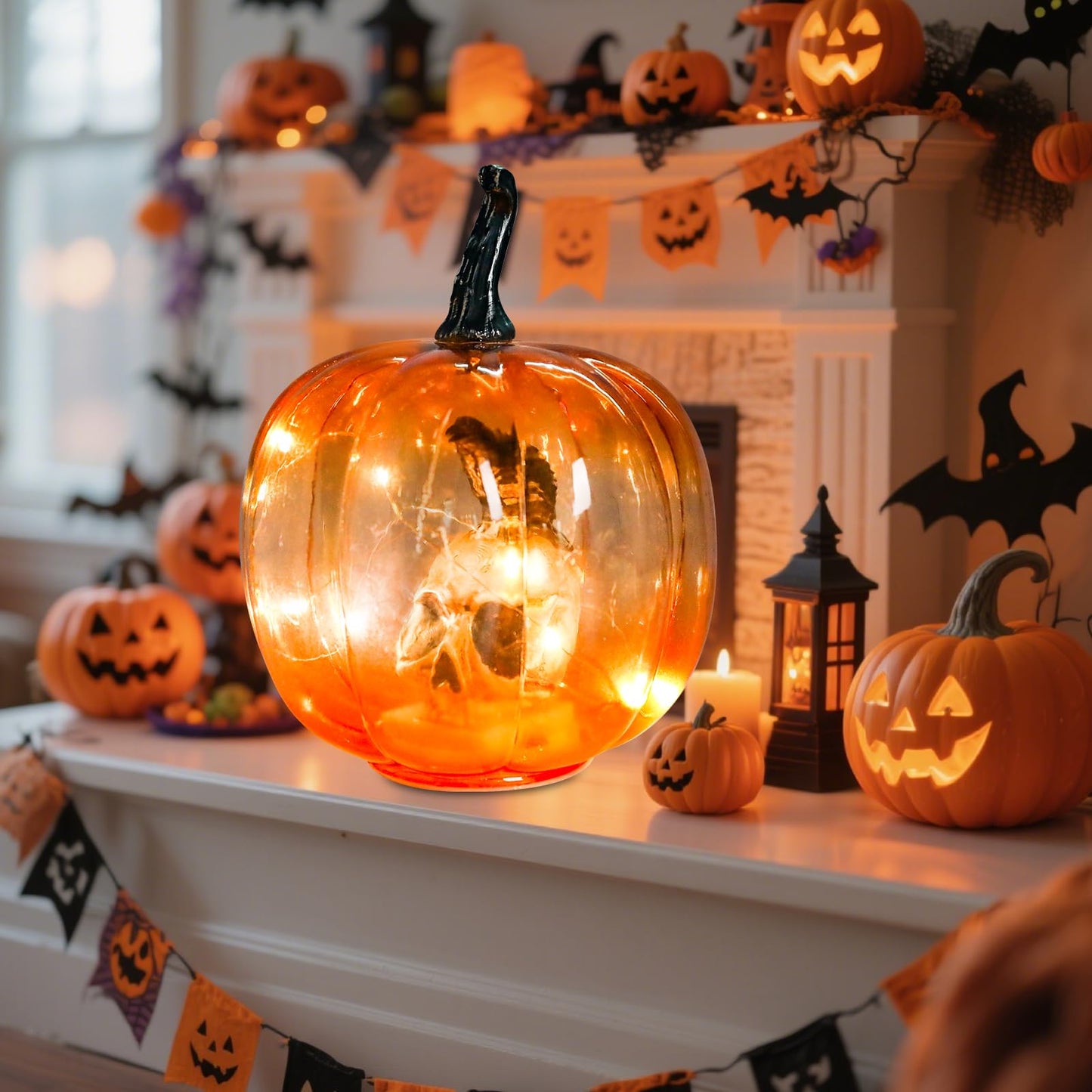 Ovewios Halloween Pumpkin Lights  Light Up Glass Pumpkins Table Lamps Indoor Home Decoration For Thanksgiving Halloween Party Tabletop Decor