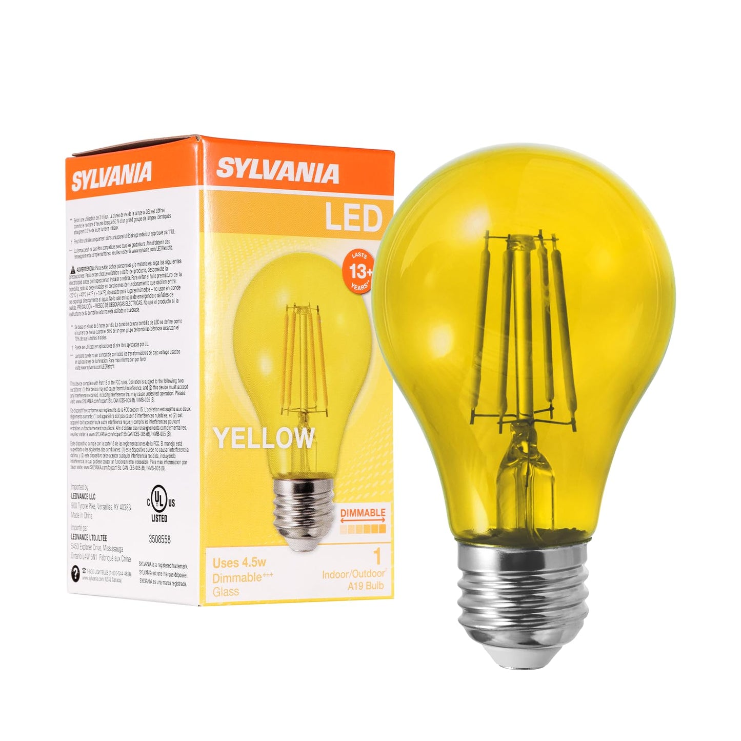 Ledvance Sylvania A19 Dimmable Yellow Glass Filament Light Bulb, 4.5W, E26 Base, 1 Pack