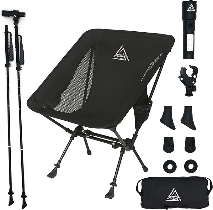 AVIVA Sports 3-in-1 Camping Chair, Trekking Poles & Mounted Flashlight – All-in-One Backpacking Kit Small & Weighs Only 3 ...