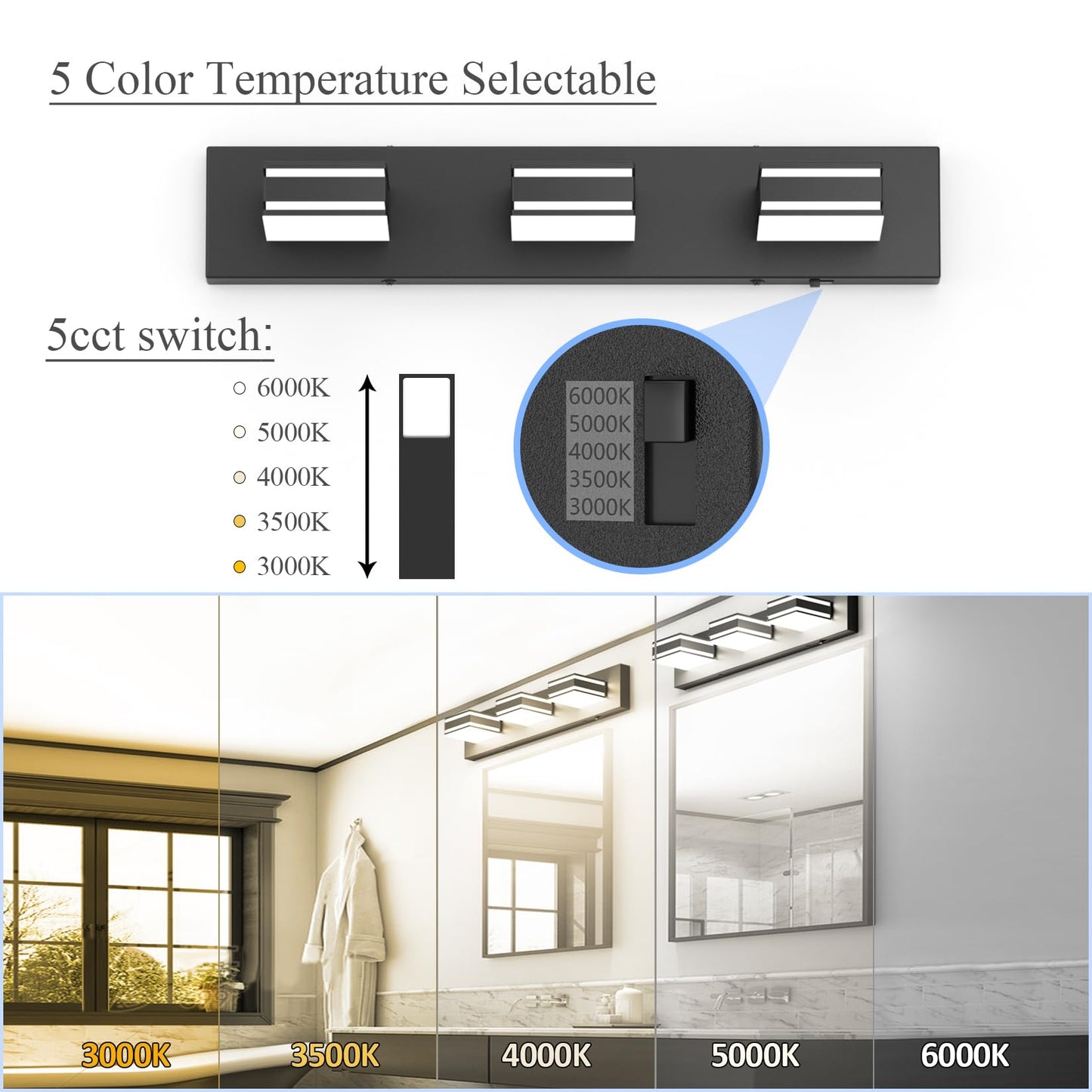 Ralbay 24Inch Black Bathroom Vanity Lights With 5 Color Temperatures (3000K-6000K) Dimmable Modern Metal Acrylic Led Matte Black Bathroom Wall Lighting Fixtures (3-Light)