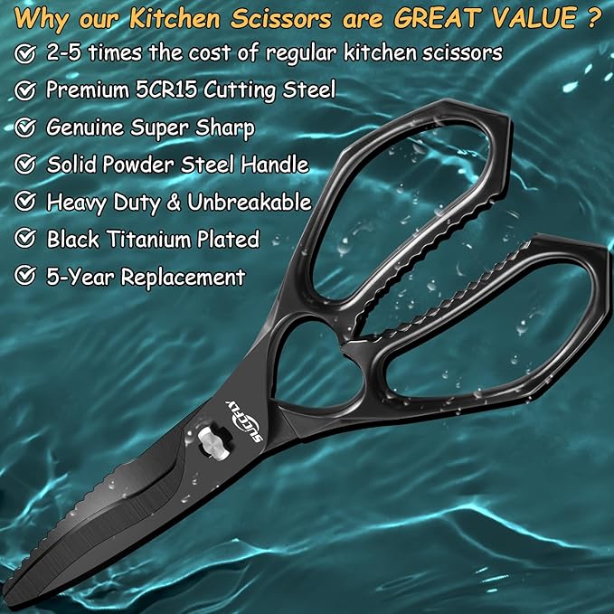 Kitchen Scissors for Food，Premium Kitchen Shears Heavy Duty，8.8″Ultra Sharp Meat Scissors Detachable Blade，All Steel Poultry Shears Black Titanium Plated，Anti-Slip Cooking Scissor All Purpose