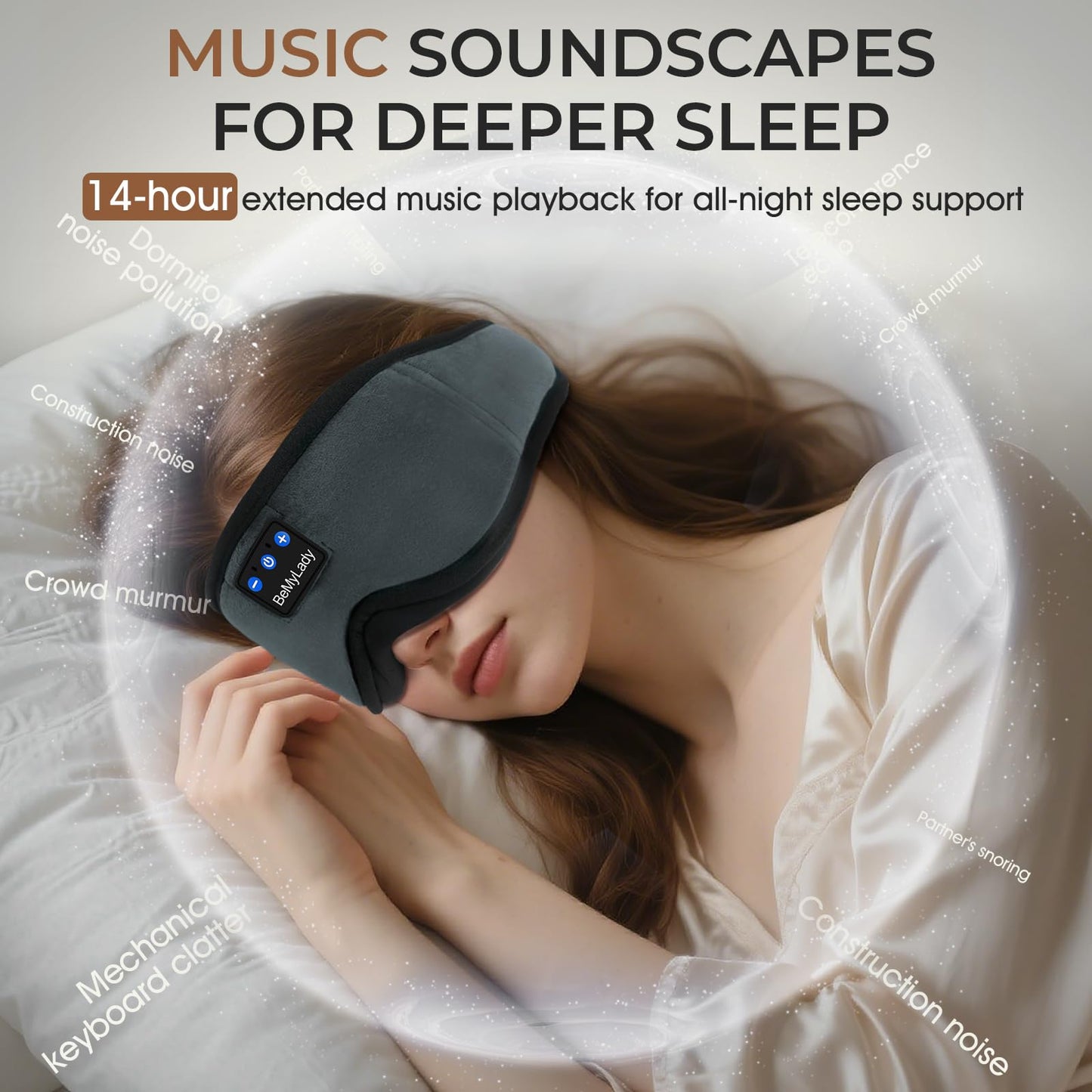 BeMyLady Sleep mask Headphones,100% Blackout 3D Zero Eye Pressure Bluetooth Sleep mask Breathable Eye mask with Bluetooth Headphones Sleep Headphones for Side Sleepers, 14H Playtime&Bluetooth 5.4 Grey