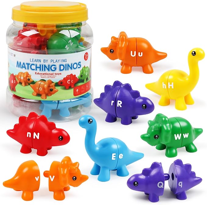 Matching Letters Counting Dinosaur Toys with Double-Sided ABC Alphabet Preschool Learning Uppercase Lowercase Sensory Sorting Educational Montessori Toy Sets for Kids Toddler Aged 3+ Years Old
