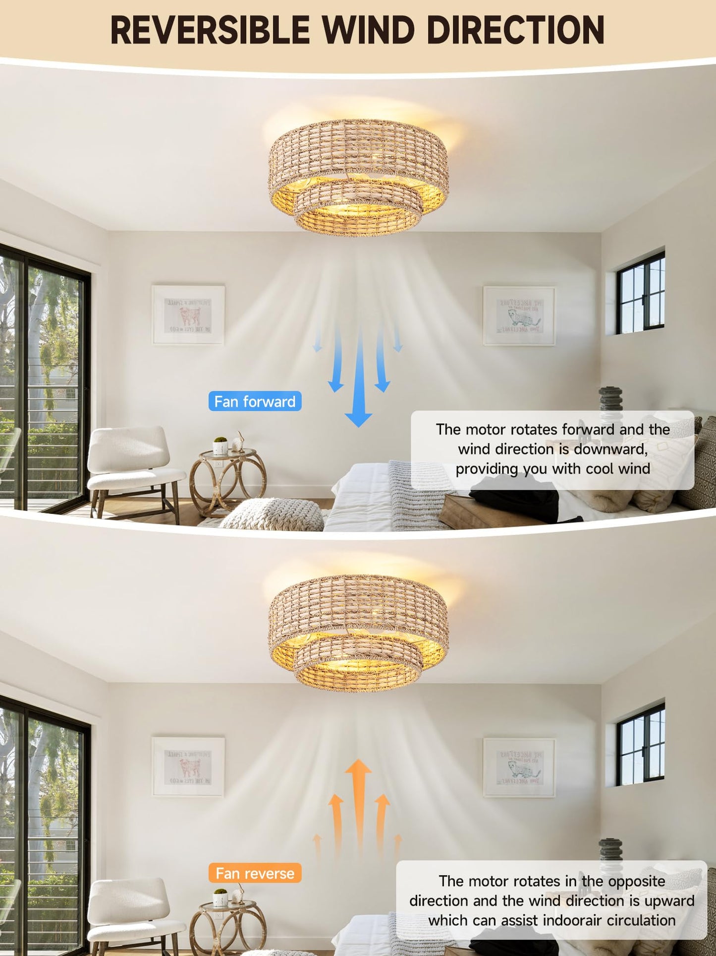 Jughtbo Boho Caged Ceiling Fans With Lights Flush Mount, Layered Rattan Ceiling Fan With Light Remote Control With Reversible 6