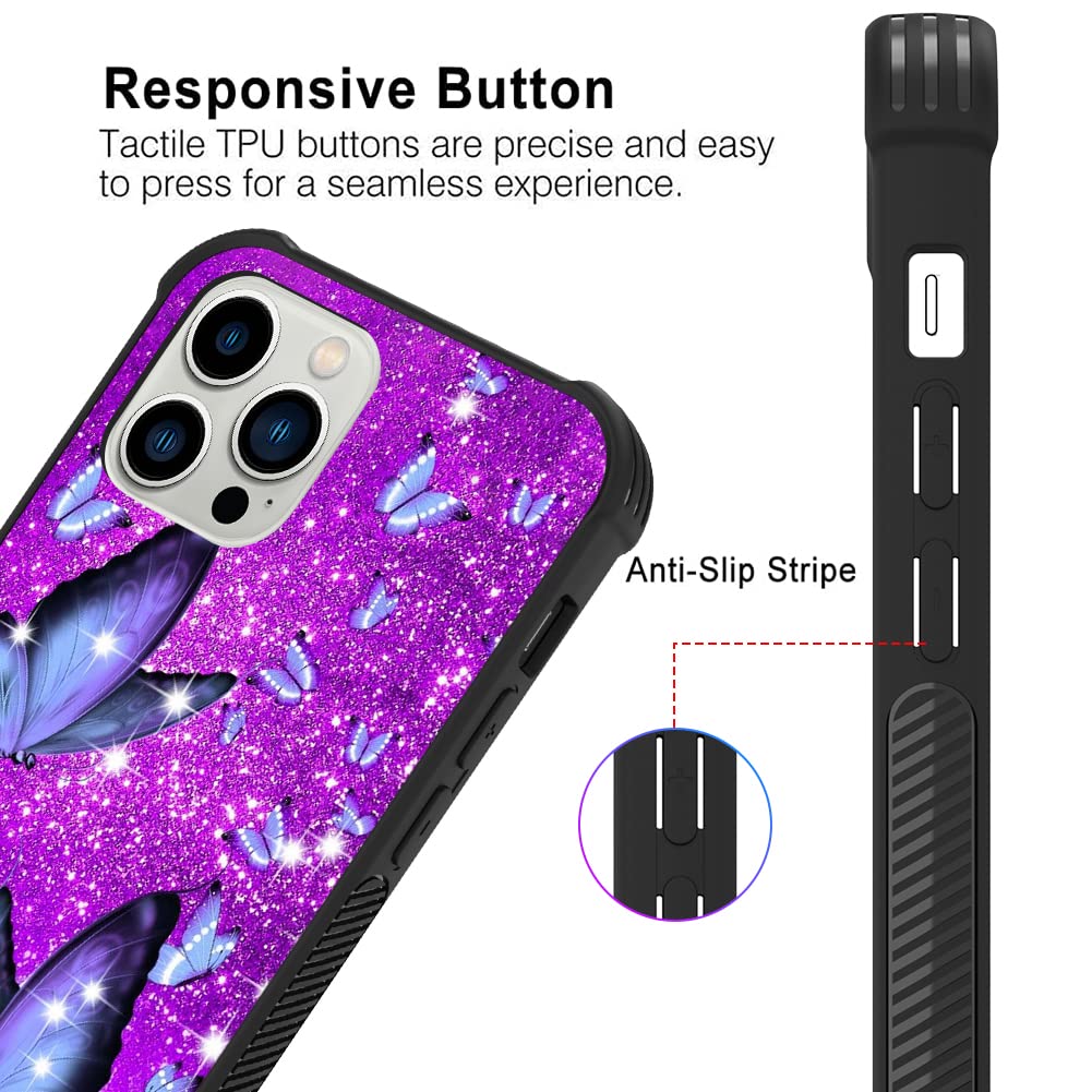 Ziye Designed For Iphone 12 Pro Max Case Purple Butterfly Hard Lanyard Case With Phone Ring Holder,Full Body Protection Shockpro