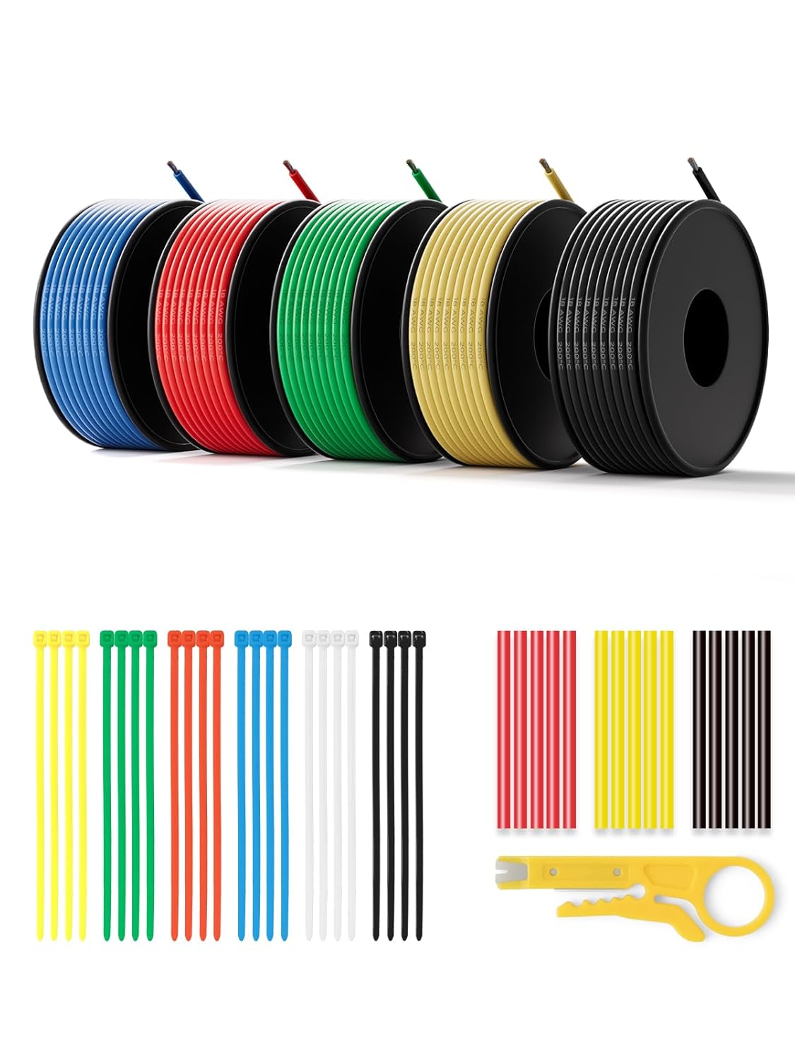 18 AWG Silicone Wire Kit 50FT, 18 Gauge Stranded Tinned Copper Wire Spool, 5 Colors 10FT Each,Flexible Electrical Wire for DIY, Automotive, LED, Arduino, Battery Projects