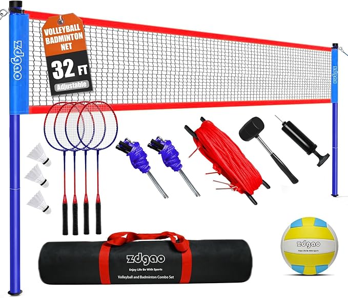 Badminton & Volleyball Combo Set- 32FT Adjustable Professional Volleyball Net for Lawn, Backyard, Easy Set up Volley ball ...