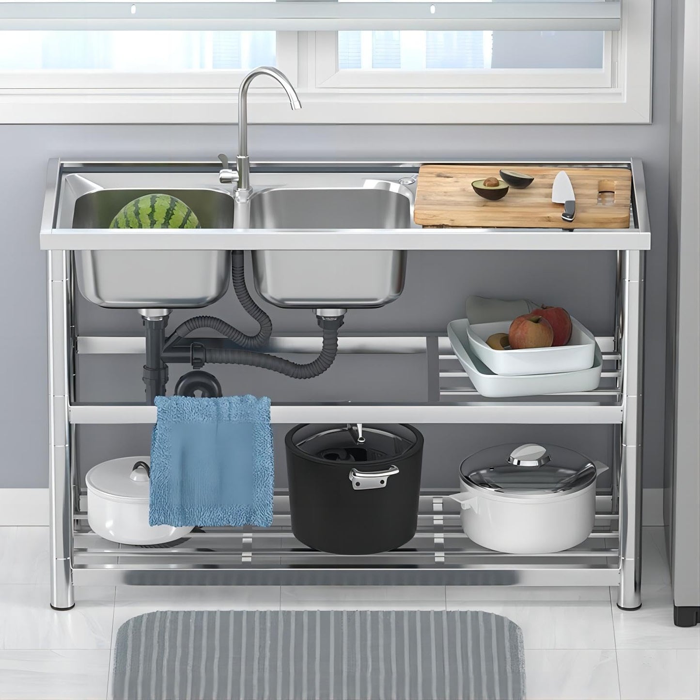 DuyviSteil 2-Compartment Commercial Sink, Stainless Steel Utility Sink with Dual-inlet Configuration Faucet Workbench & Storage, Free Standing Double Bowl for Restaurant, Garage, Shop, Outoor(47in)