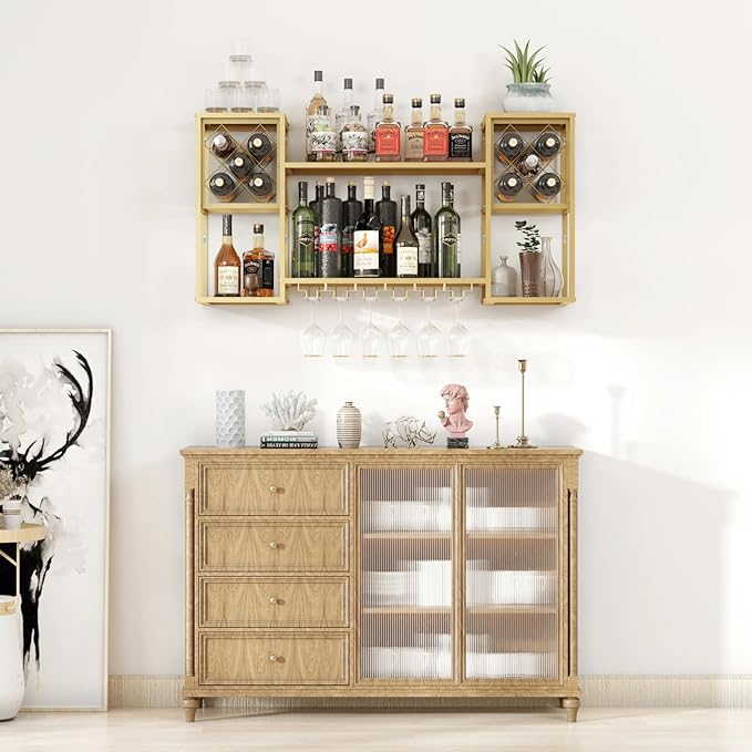 Wall Mounted Wine Rack, Multi Functional Bar Shelves for Liquor Bottles with Glass Holder, Modern Metal Bar Shelves Wall Mounted for Home Bar, Kitchen (Gold, 47.3" L x 9.9" W x 23.6" H)