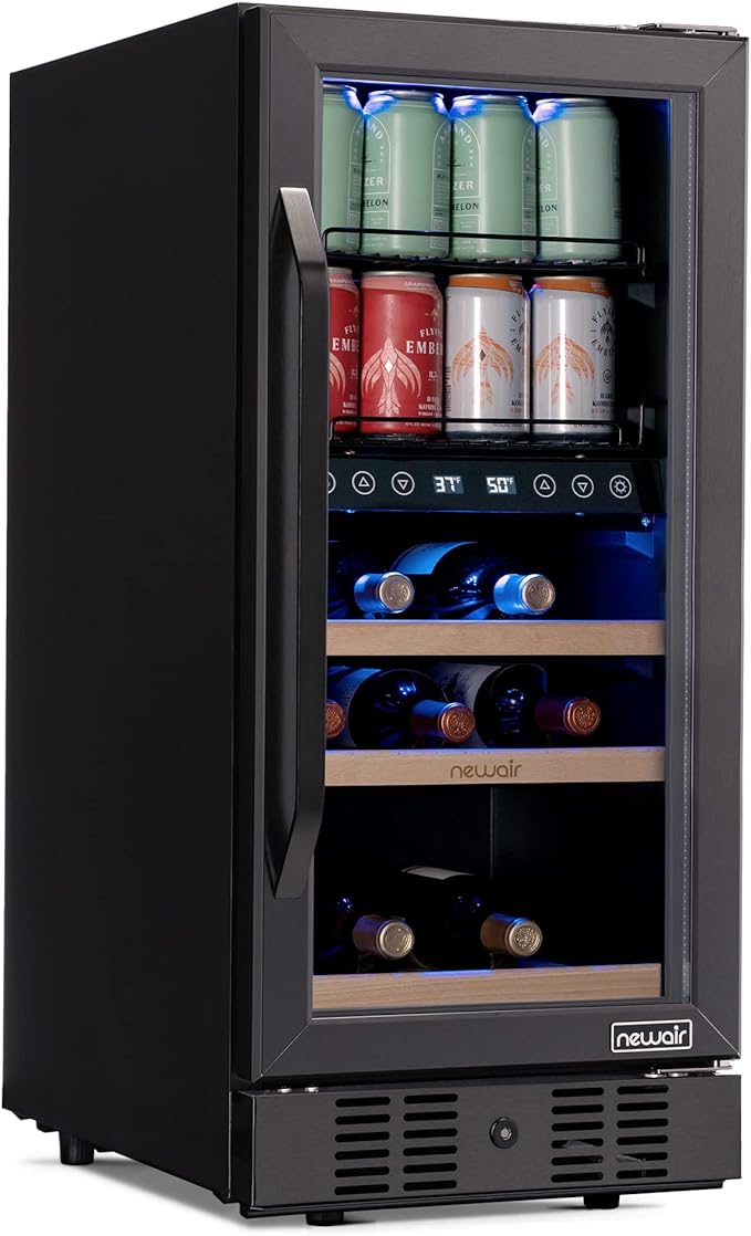 NewAir 15" Wine and Beverage Refrigerator 9 Bottle and 48 Can Capacity, Beverage Cooler in Stainless Steel, Built-in or Freestanding Dual Zone Drink Fridge with Triple-Pane Glass Door