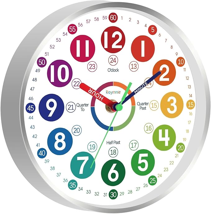 Wall Clock for Kids Learning - Teaching Time Wall Clocks Battery Operated Silent Non Ticking - Analog Colorful Clock Decorative for Kids Room Classroom School(8 Inch&Silver)