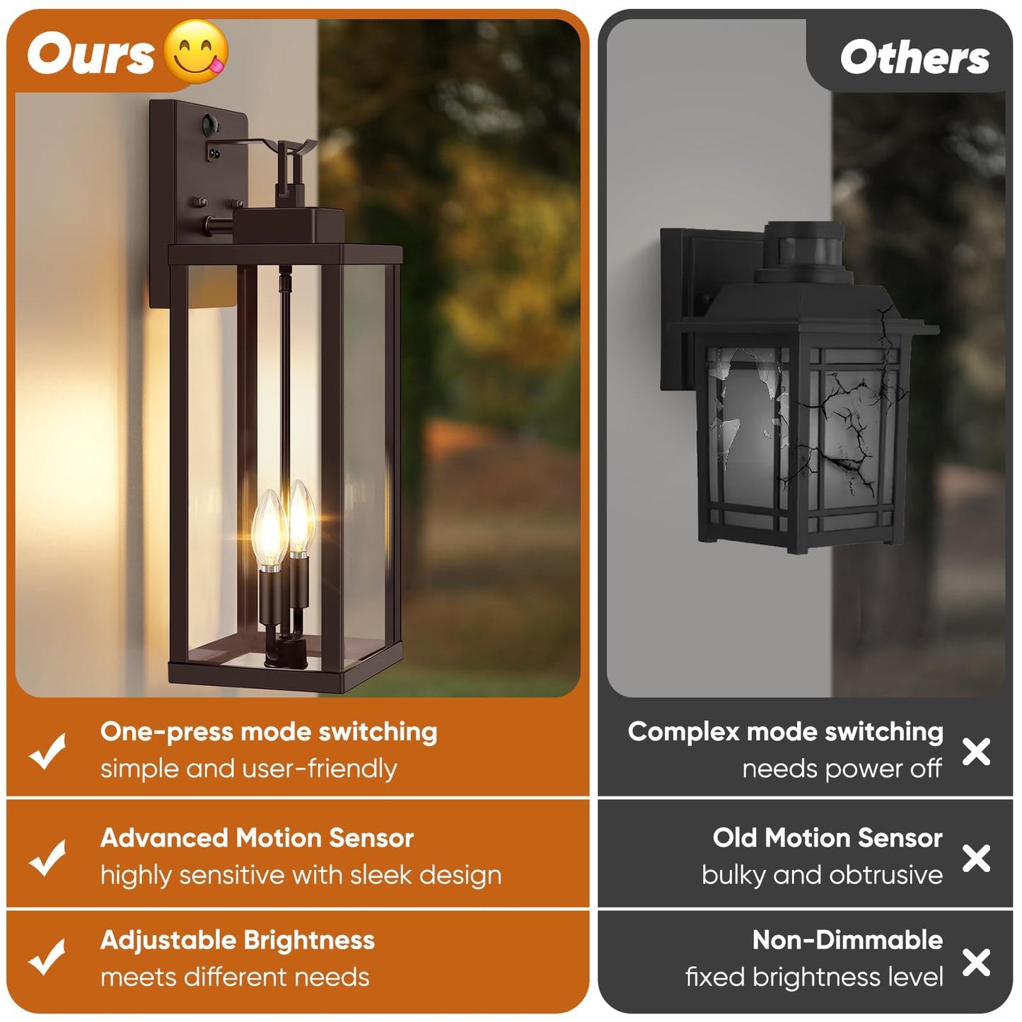 Beslowe 18  Upgraded Motion Sensor Outdoor Wall Lights  Dusk To Dawn Porch Lights Outdoor Wall Sconces  3 Lighting Modes Exterior Lighting Fixtures With Hooks  Brown Outside Lights For House  2-Pack
