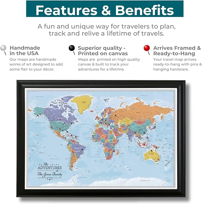 Push Pin Travel Maps Canvas - Personalized Blue Oceans World with Barnwood Gray Frame