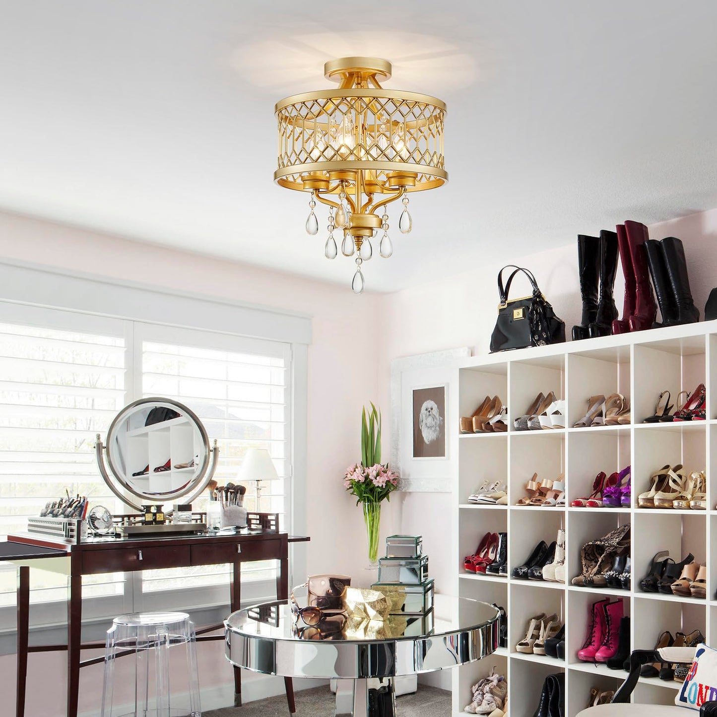 Crystal Ceiling Light Fixture  Farmhouse Semi Flush Mount Ceiling Light  Gold Crystal Chandeliers For Dining Room Light Fixture  Hallway Lighting Fixtures For Kitchen Bedroom Bathroom Foyer Entryway
