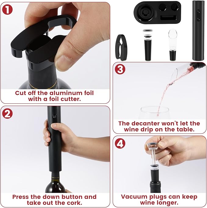 1Pcs Electric Wine Opener Set Efficient Wine Bottle Opener Set with Stand Foil Cutter Wine Pourer Vacuum Stopper Practical Wine Corkscrew Set for Home Party Bar Outdoor