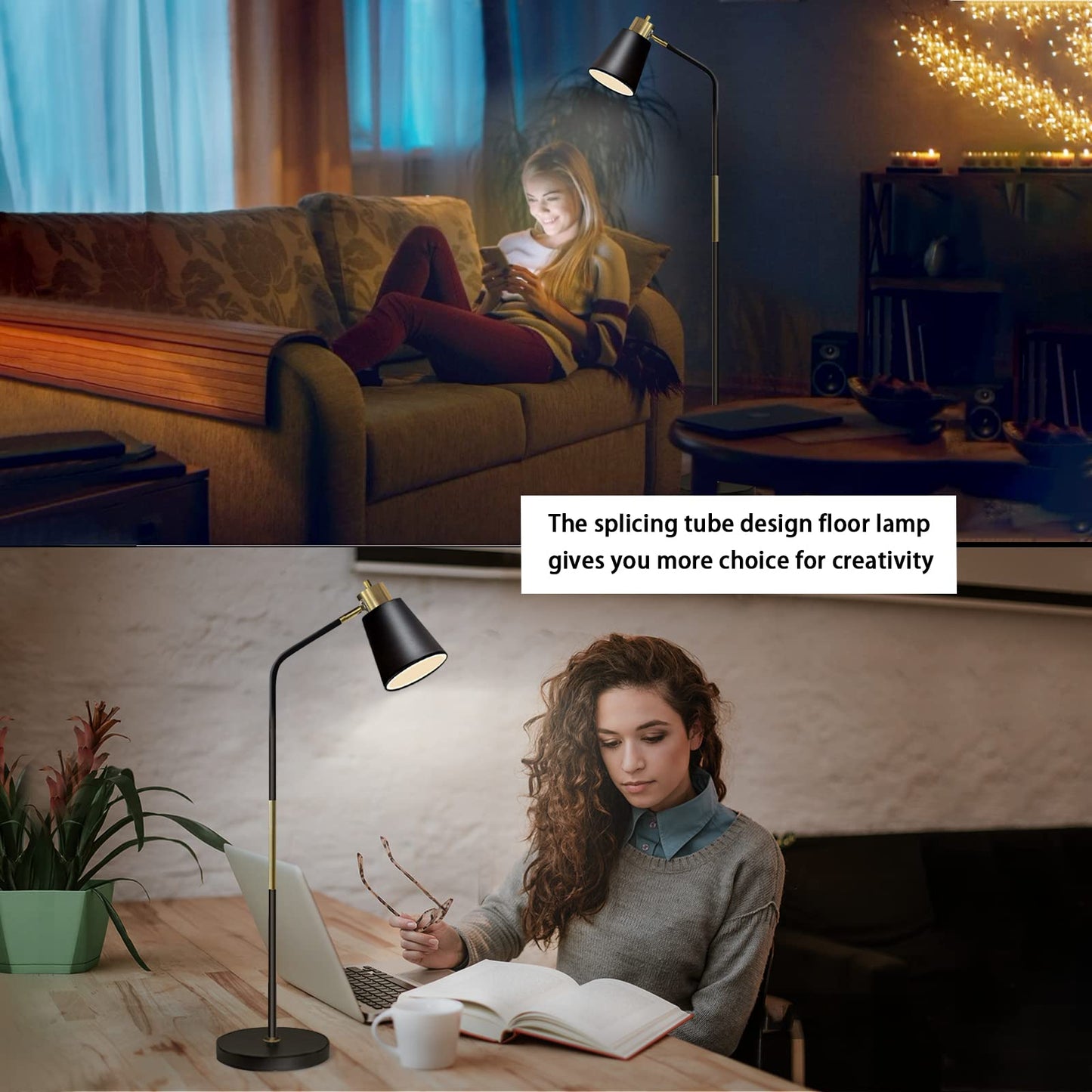Lalisu Industrial Floor Lamp - Adjustable Metal Heads, Rustic Black Reading Light For Living Room, Bedroom & Office Décor