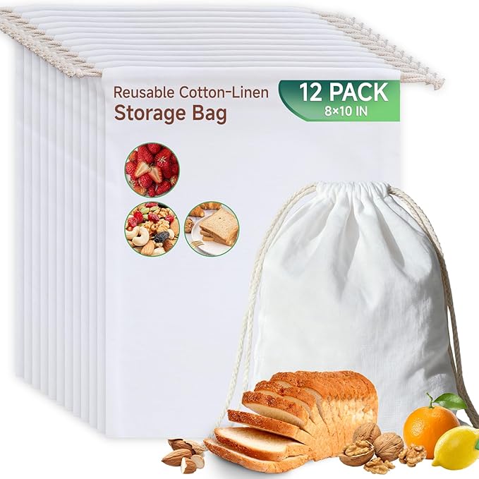 Simple&Opulence 12-Pack 8” x 10” Linen Cotton Drawstring Bags Reusable Grocery Sacks, DIY Craft Sachet Sacks Storage Cloth Bags for Party Wedding Home Bulk Produce Bags, Washable, White