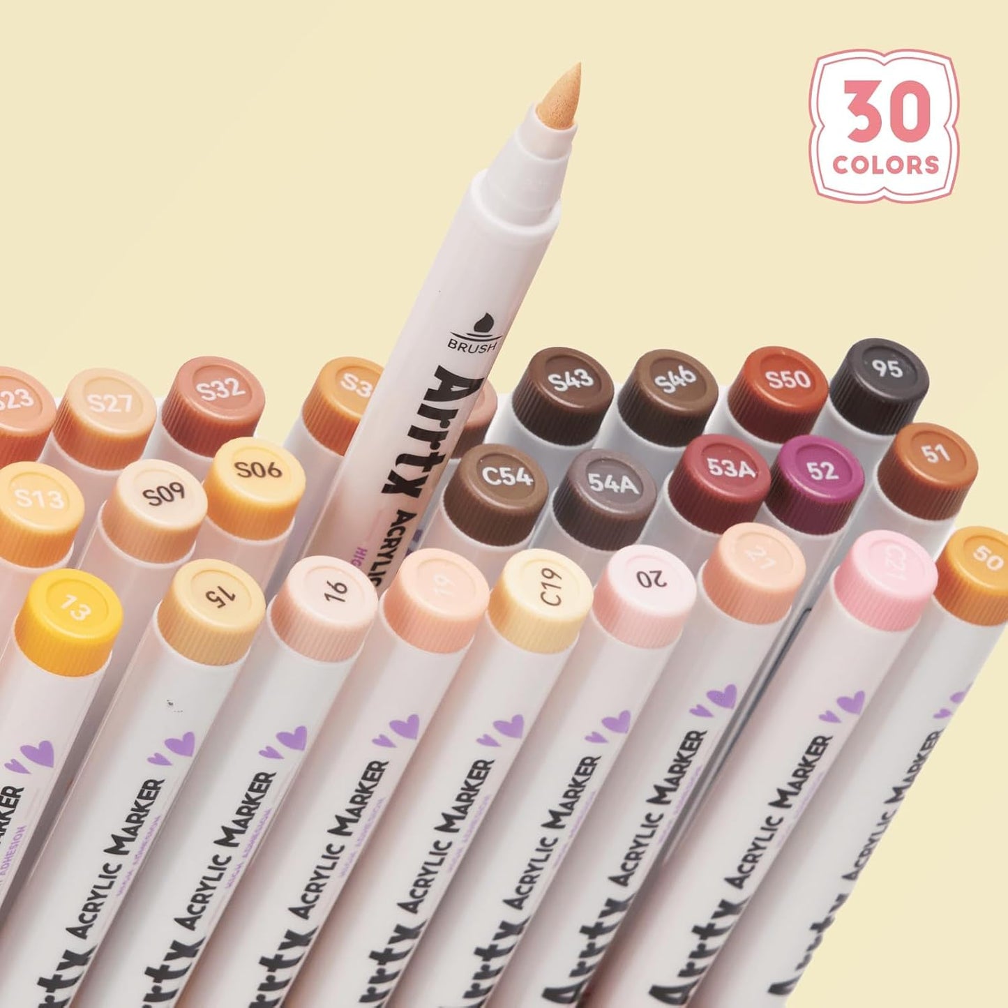 Arrtx 30 Colors Skin Color Acrylic Paint Pens, Skin Tone Paint Markers Paint Pens for Artists Adults Coloring Drawing Brush Tip for Rock Painting, Wood, Canvas, DIY Crafts Making Art Supplies