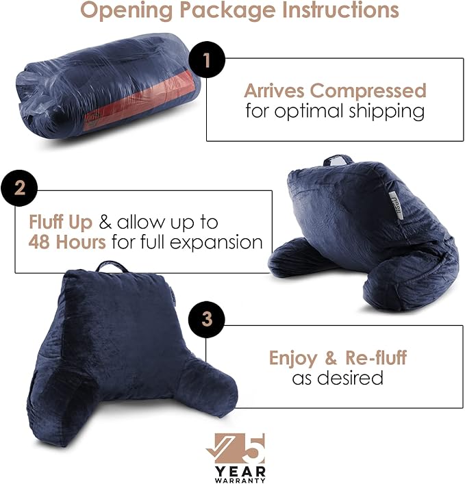 Nestl Reading Pillow Standard Bed Pillow, Back Pillow for Sitting in Bed Shredded Memory Foam Chair Pillow, Reading & Bed Rest Pillows Navy Blue Back Pillow for Bed, Bed Chair Arm Pillow with Pockets