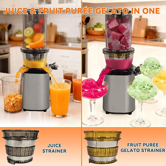 Cold press juicer machines，HYSapientia Electric masticating slow juicer for vegetable and fruit,Powerful Motor,Self Precut System,Easy to Clean,High Juice Yield,Juice & Fruit Purée Gelato Strainers