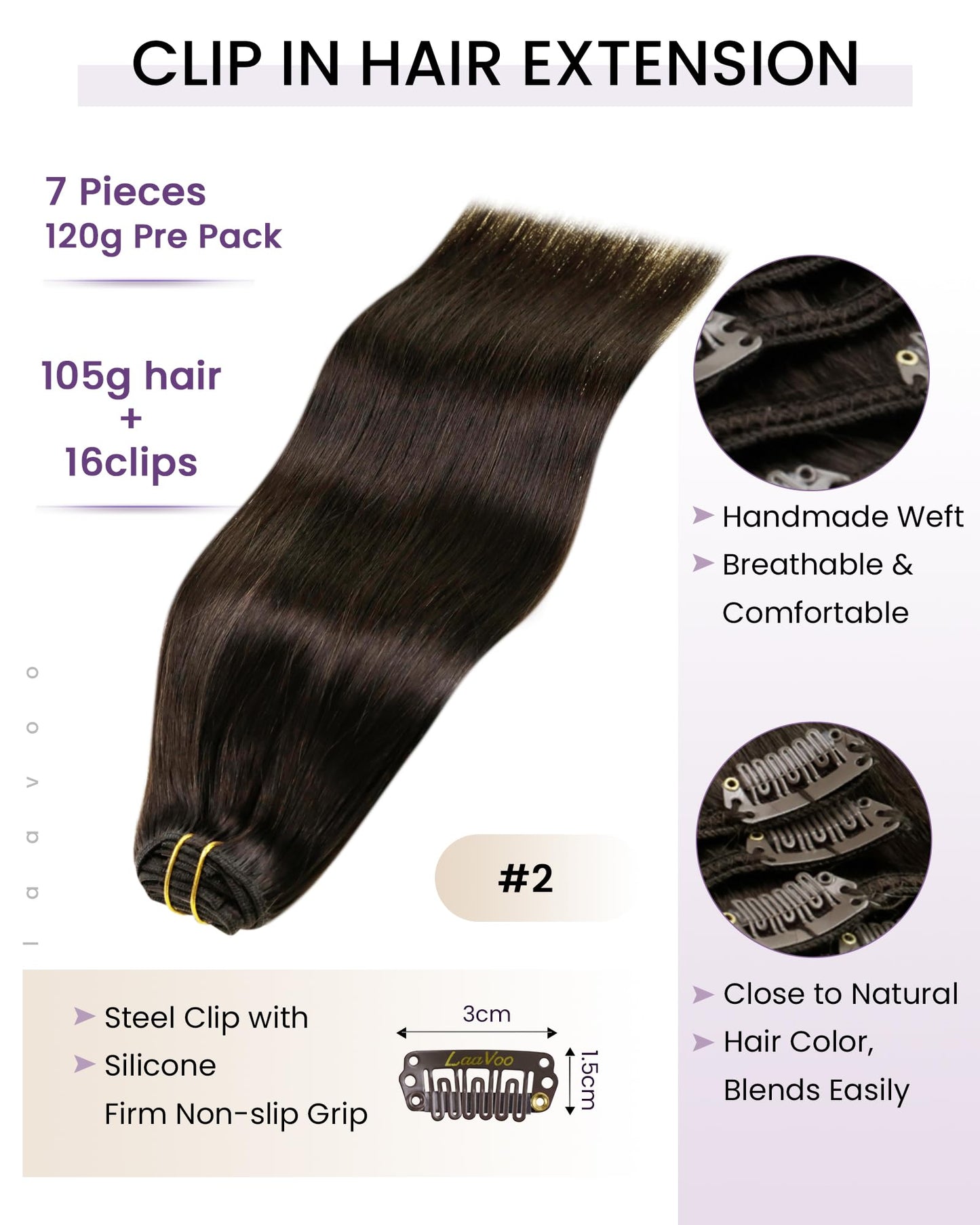 LaaVoo Clip in Hair Extensions Real Human Hair Brown Human Hair Clip in Extensions Darkest Brown Hair Extensions Clip ins Silky