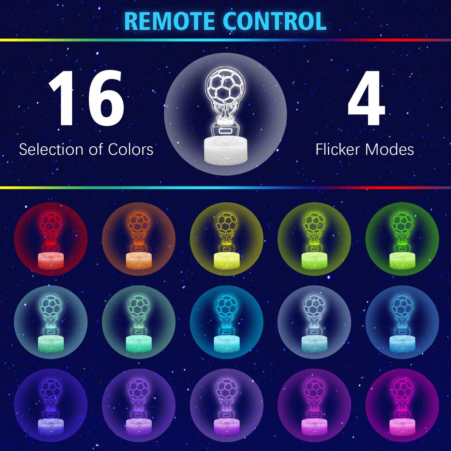 Shellvcase Soccer Night Light 3D Lamp Set with Remote Control, 16 Colors, 5 Pcs, Kids Gift, Model 3736651, Color 5pc-Soccer