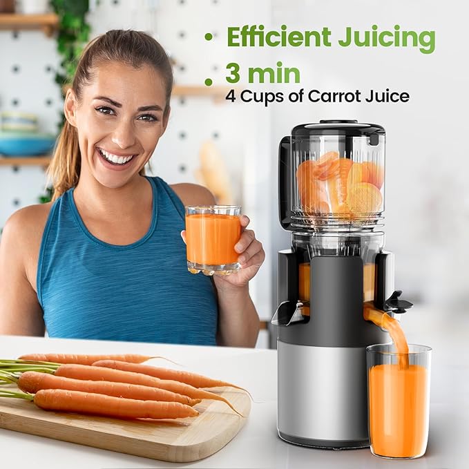Cold Press Juicer, Juicer Machines 5.3"Wide Feed Chute for Whole Fruits & Vegetables, Electric Juicer of Pulp Separation with 99% High Juice Yield, Preserves Nutrients, Easy to Clean, BPA Free