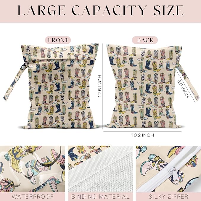4Pcs Waterproof Wet Bag for Swimsuit, Travel Beach Wet Dry Bag, Hidden Zipper Reusable Western Cowgirl Decor, for Travel Beach Wet Swimsuits Toiletries Diapers Laundry Bag