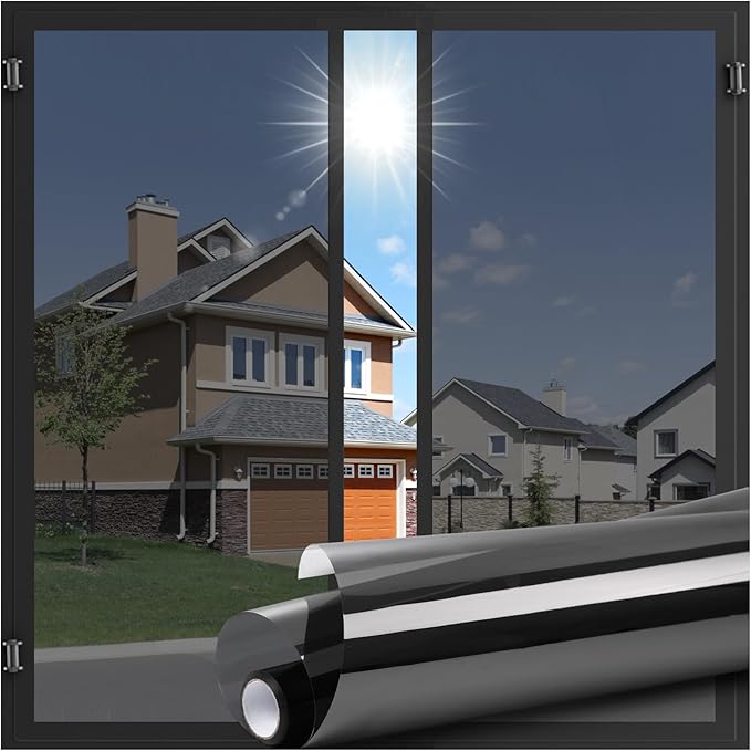 LUTE One Way Window Privacy Film, Window Tint for Home, Sun Blocking UV Heat Blocker, See Out Not in Reflective Mirror Film, Removable Static Cling Glass Door Cover, Black Silver, 35.4" x 118.1"